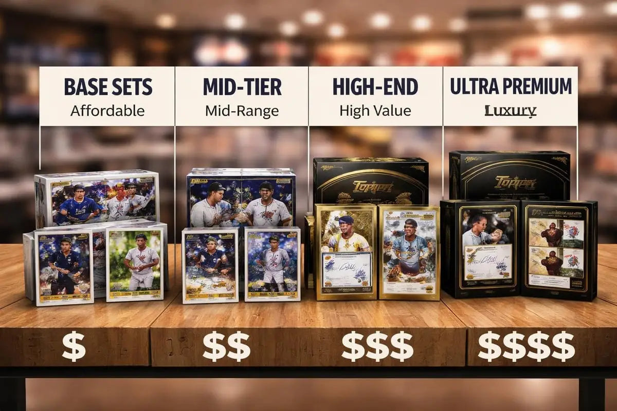 Topps cards boxes in base, mid-tier, high-end, ultra premium tiers