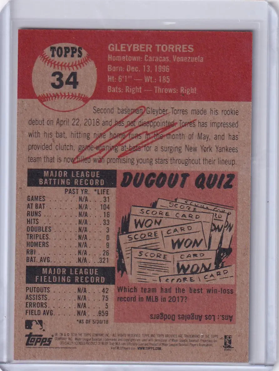 Topps Baseball Living Set 34 Gleyber Torres trading card with player stats and Dugout Quiz