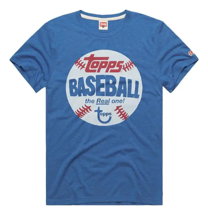 Blue T-shirt featuring vintage Topps Baseball logo, perfect for baseball cards fans