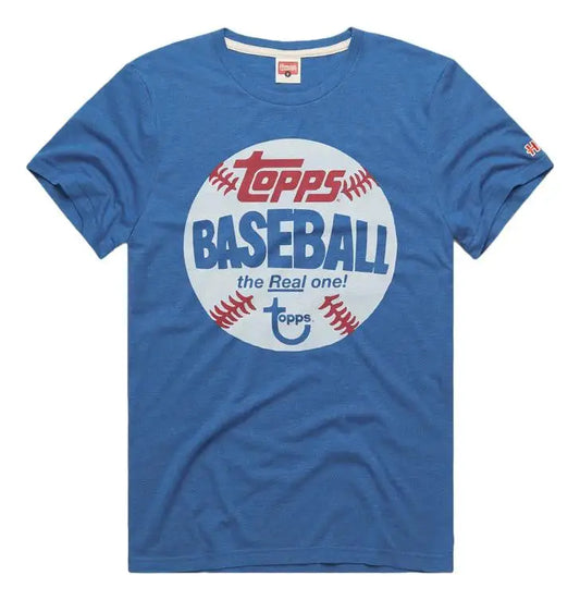 Blue T-shirt featuring vintage Topps Baseball logo, perfect for baseball cards fans