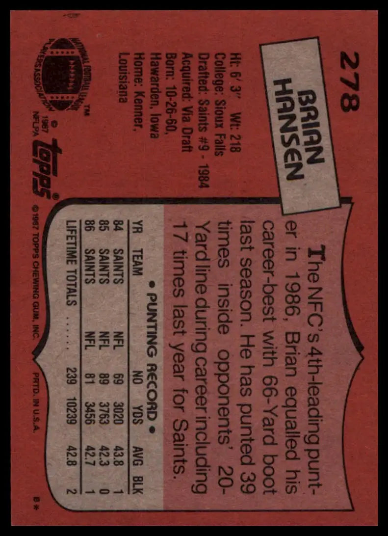 Topps Brian Hansen 278 New Orleans Saints LP - Football Card Single