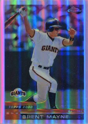 Holographic Topps Chrome refractor parallel card of Giants player swinging bat