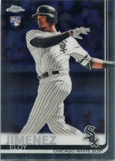 Eloy Jimenez swinging a bat in Chicago White Sox uniform on Topps Chrome Base Card