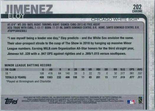 Elroy Jimenez Chicago White Sox Topps Chrome 2019 base card trading cards