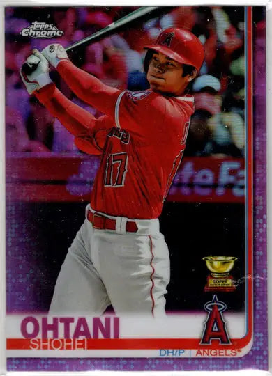 Shohei Ohtani pink refractor parallel card from Topps Chrome Baseball 2019