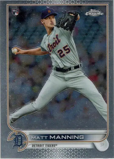 Baseball player Matt Manning mid-pitch on a Topps Chrome base card for trading cards