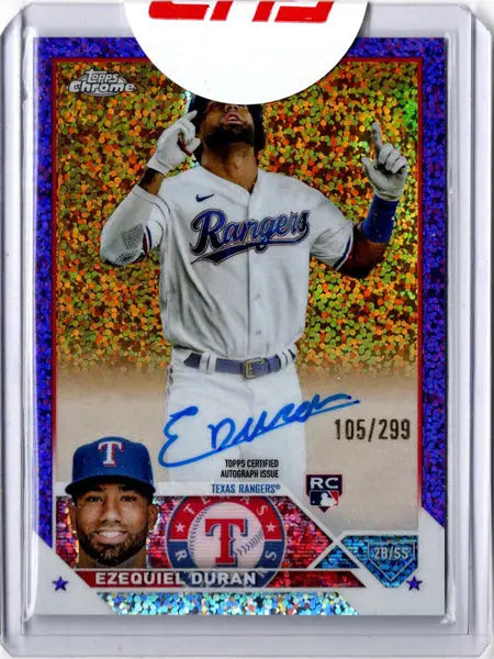 Ezequiel Duran purple speckle autograph card from Topps Chrome Baseball 2023
