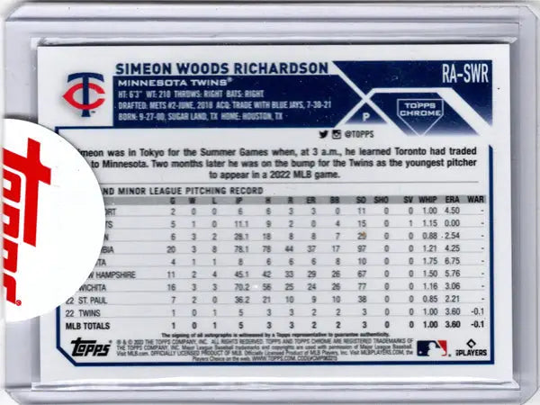 Simeon Woods Richardson rookie autograph card from Topps Chrome Baseball 2023
