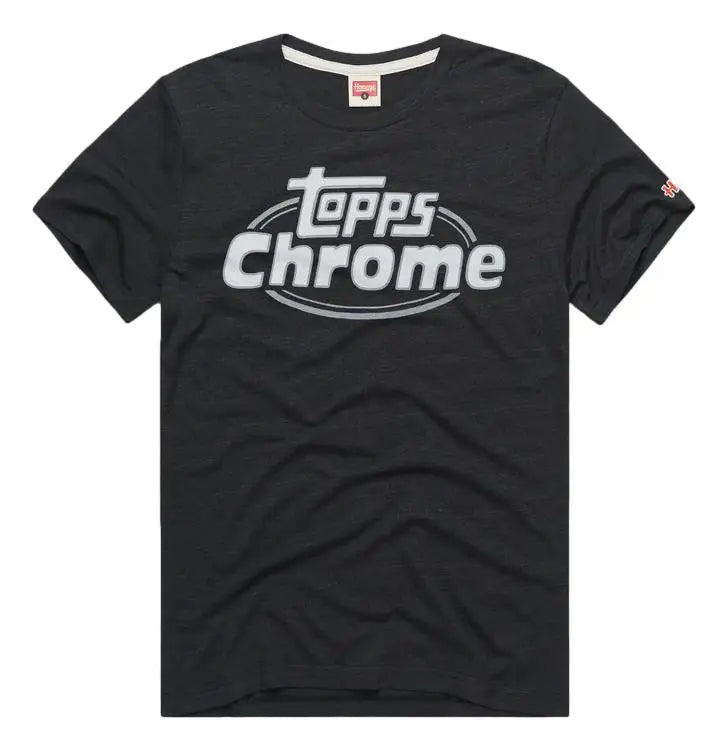 Black Topps Chrome Baseball t-shirt featuring white logo, perfect for trading card fans