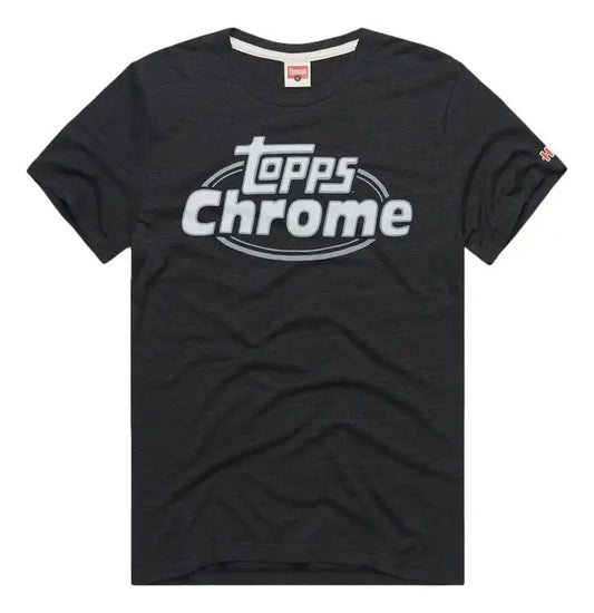 Black Topps Chrome Baseball t-shirt featuring white logo, perfect for trading card fans