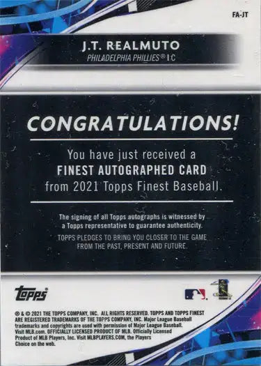 Topps Finest Baseball 2021 Gold Parallel Auto Card FA-JT J.T. Realmuto 34/50 - Baseball Card Single