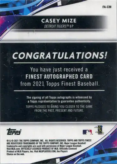 Topps Finest Baseball 2021 Orange Parallel Auto Card FA-CM Casey Mize 08/25 - Baseball Card Single