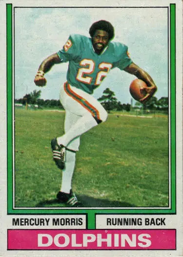 Vintage 1974 Miami Dolphins Base Card featuring Mercury Morris in aqua and white uniform