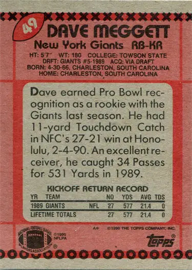 Football trading card of Dave Meggett, New York Giants, Topps 1990 base card