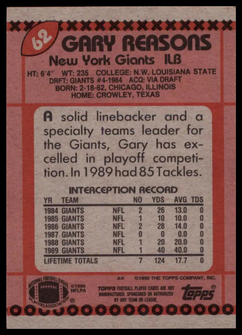 Topps Gary Reasons 62 New York Giants LP - Football Card Single