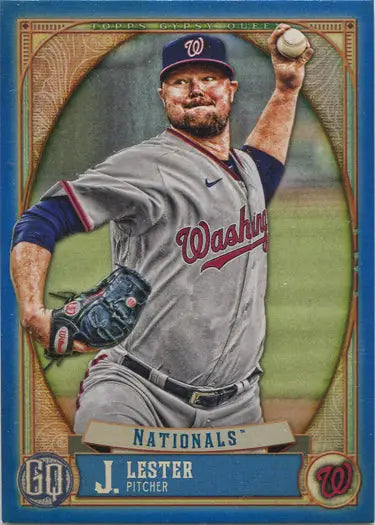 Baseball card of Washington Nationals pitcher in mid-throw, blue parallel collectible