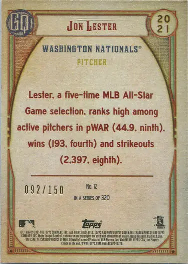 Baseball card of Jon Lester, Washington Nationals, from Topps Gypsy Queen Blue Parallel
