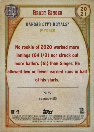 Baseball card back from Topps Gypsy Queen Chrome Boxtopper Card featuring Brady Singer