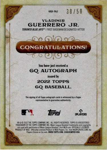 Baseball card celebrating autograph from Vladimir Guerrero Jr. in limited 38/50 edition