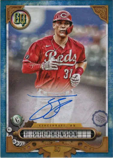 Baseball card featuring Tyler Stephenson with blue border and autograph from Topps Gypsy Queen