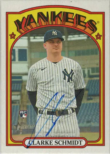 Baseball card of New York Yankees player Clarke Schmidt in pinstripe uniform, autograph card