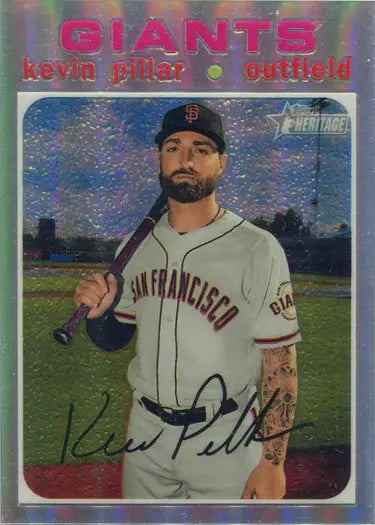 San Francisco Giants player in white uniform on Topps Heritage base refractor parallel card