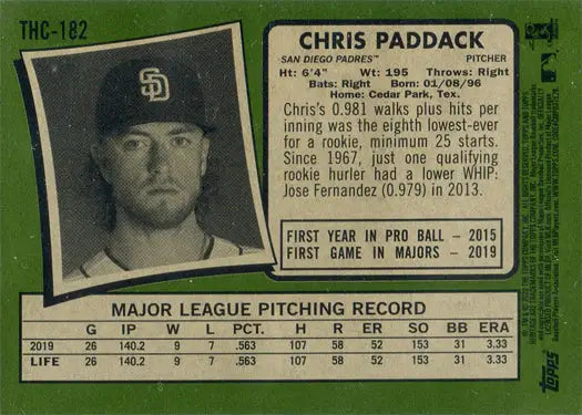 Baseball card of Chris Paddack, San Diego Padres, featuring Purple Chrome Refractor