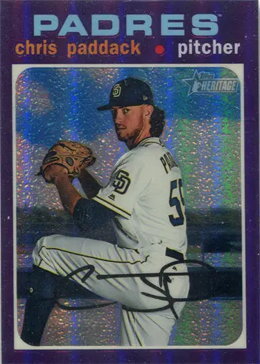 Baseball card of Padres pitcher Chris Paddack in throwing stance, Purple Chrome Refractor