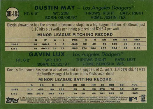 Dustin May and Gavin Lux Topps Heritage Purple Chrome Refractor Dodgers Rookie Card