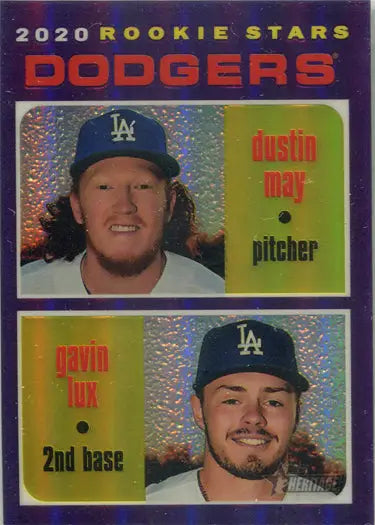 Baseball card of Dodgers rookie players in Topps Heritage 2020 Purple Chrome Refractor