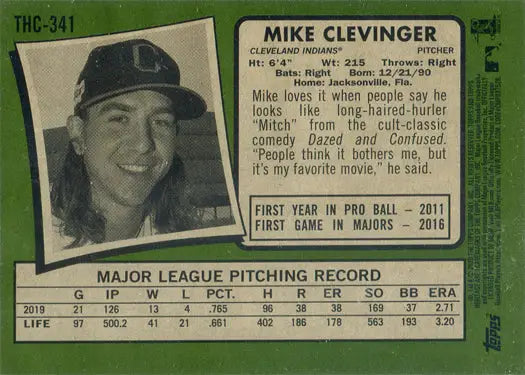 Mike Clevinger Topps Heritage 2020 Purple Chrome Refractor Card THC-341 with statistics