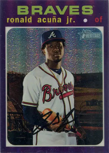 Baseball card of Atlanta Braves player in home uniform, Topps Heritage Purple Chrome Refractor