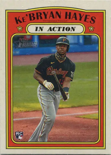 Base card of Ke’Bryan Hayes running on the field for Orioles in Topps Heritage 2021 trading cards