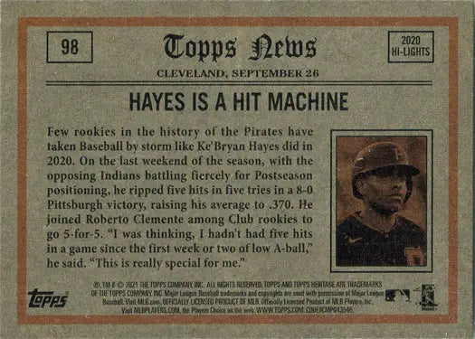 Base card showcasing Ke’Bryan Hayes as a hit machine in Topps Heritage Baseball 2021