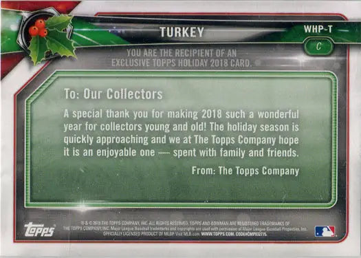 Holiday message Topps trading card featuring Bowman Base Card WHP-T Turkey design