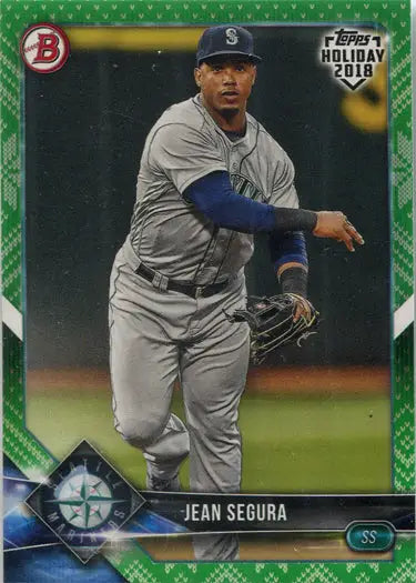 Baseball card of Jean Segura in pitching stance from Topps Holiday 2018 green border parallel