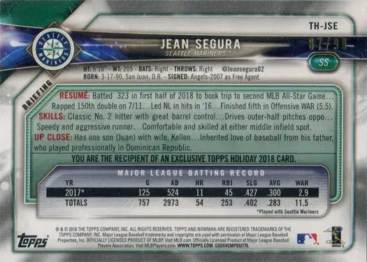 Topps Holiday Baseball 2018 Green Border Parallel Card featuring Jean Segura statistics