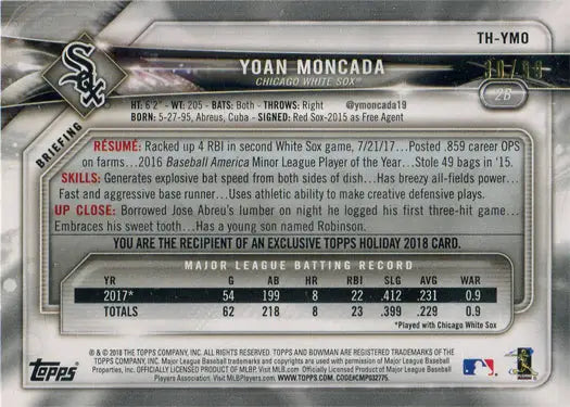 Yoan Moncada Chicago White Sox Topps Holiday 2018 green border parallel card TH-YMO