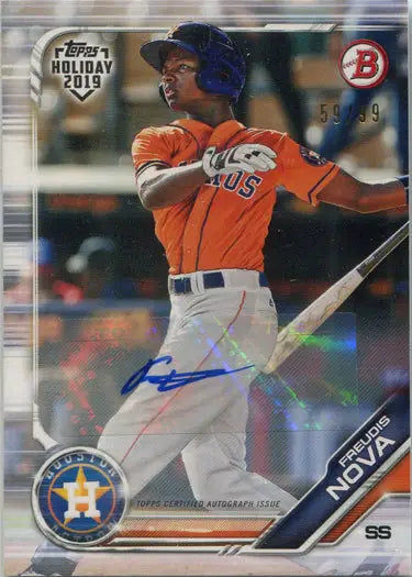 Base autograph card of Houston Astros player Freudis Nova in mid-swing action