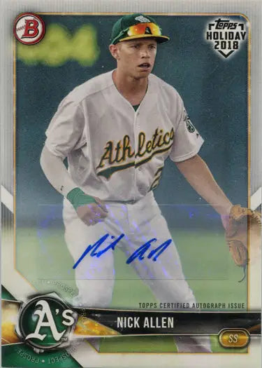 Autograph card of Nick Allen in white Oakland Athletics uniform from Topps Holiday 2018