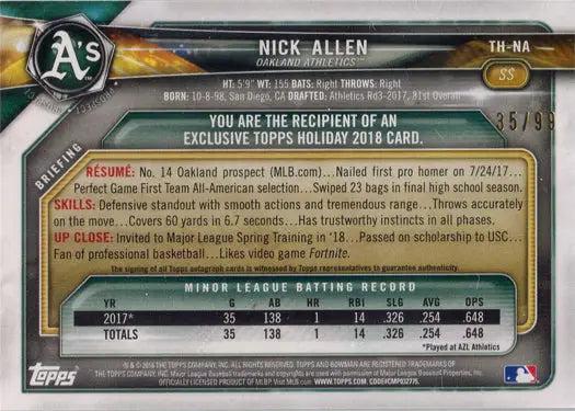 Nick Allen autograph card from Topps Holiday 2018 Trading Cards, Oakland Athletics