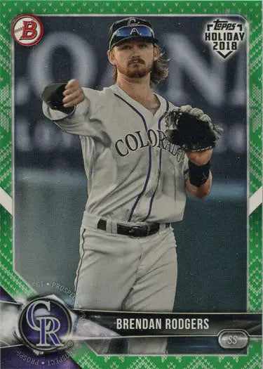 Baseball card of Colorado Rockies pitcher in mid-throw from Topps Holiday 2018 set