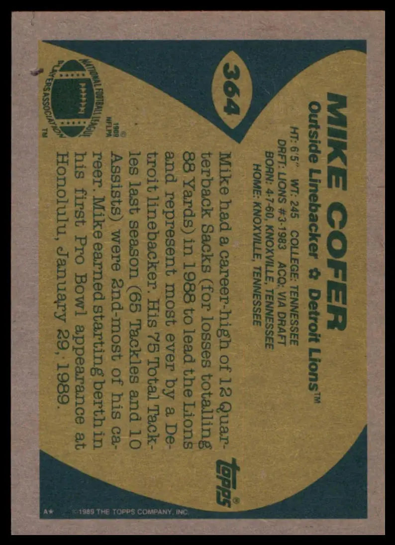 Topps Mike Cofer 364 Detroit Lions LP - Football Card Single