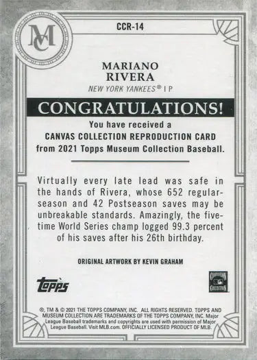 Mariano Rivera Baseball Card from 2021 Topps Museum Collection Canvas Reproduction