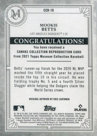 Mookie Betts congratulatory baseball card from Topps Museum Collection trading cards