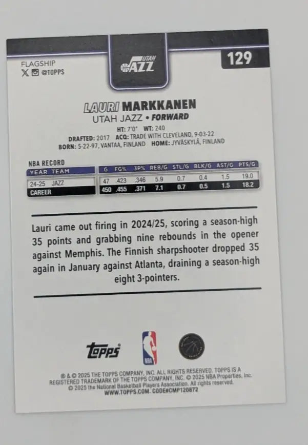 Topps NBA 2025-26 Lauri Markkanen Flagship Basketball #139 Gold /2025 Utah Jazz - Basketball Card Single