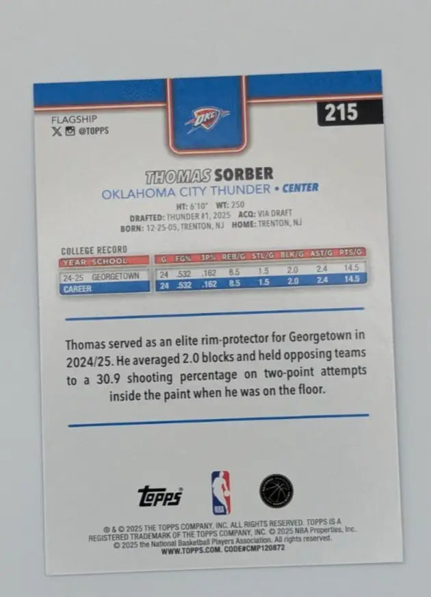 Topps NBA 2025-26 Thomas Sorber Blue Sandglitter OKC Thunder RC - Basketball Card Single