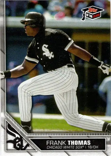 Baseball player in Chicago White Sox uniform swinging bat on Topps baseball card