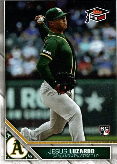 Baseball player in green Oakland Athletics uniform pitching on Topps base card
