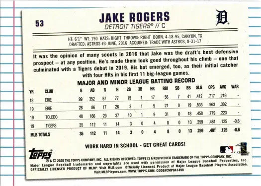 Baseball card of Jake Rogers from the Detroit Tigers in Topps Of The Class series
